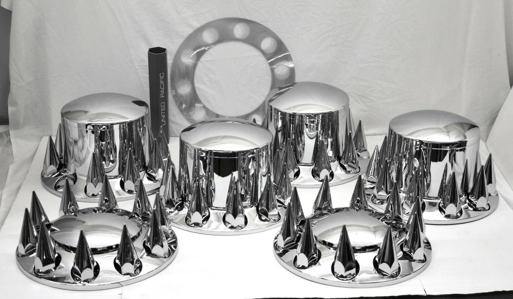 Chrome Axle Covers Combo Kit Front Rear Dome Hub Caps 33mm Spike Lug Nut Covers