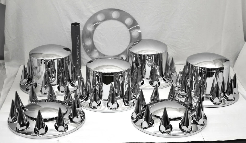 Chrome Axle Covers Combo Kit Front Rear Dome Hub Caps 33mm Spike Lug Nut Covers