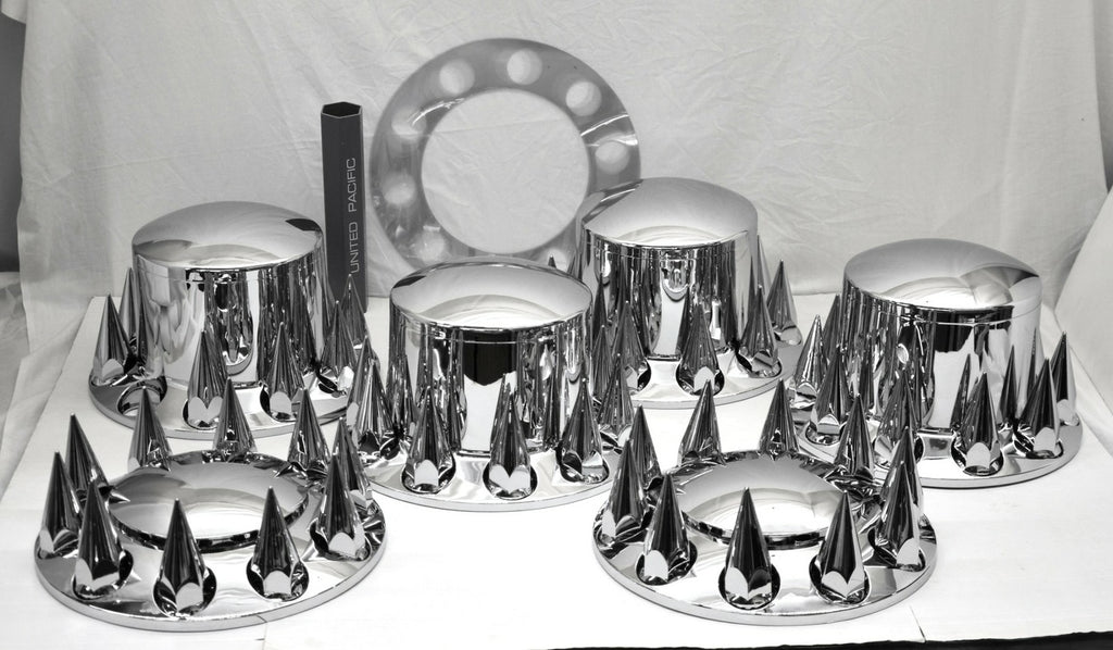 Chrome Axle Covers Combo Kit Front Rear Dome Hub Caps 33mm Spike Lug Nut Covers