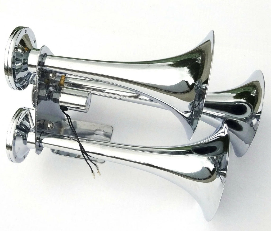 Train Horn 3 Bell Trumpet 145 Decibel +-10dB Chrome 3/8 Air Line 150PSI UP#46129