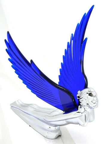 Lighted Hood Ornament Flying Goddess Windrider Blue Wings Chrome GG#48107