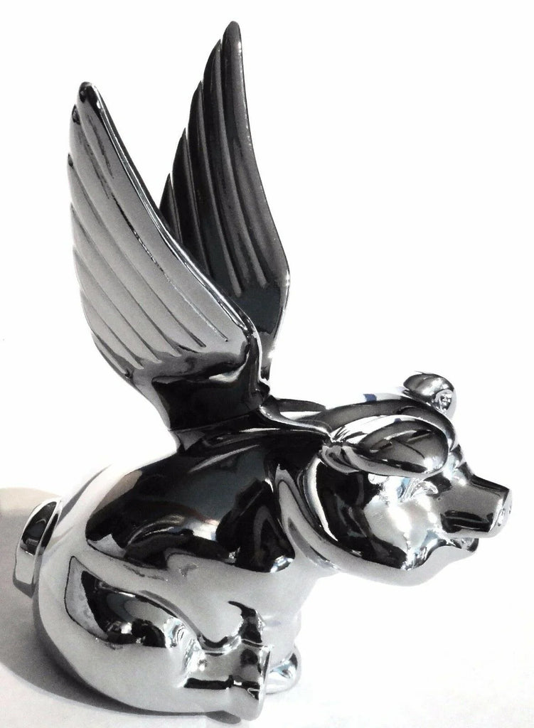 Hood Ornament Pull Flying Pig Chrome Metal for Flat Hood 7-5/8”, 3 Hole GG#48200