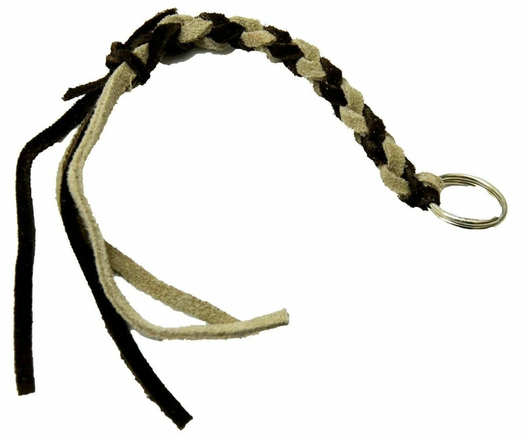 HTS Horn Pull Braided Leather Key Chain 10" Long 1" Ring Brown Beige #5025BB