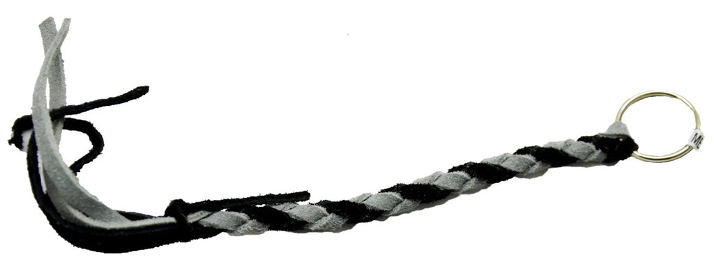 Horn Pull Braided Leather Key Chain 10" Long 1" Ring Black Gray HTS#5025BLG