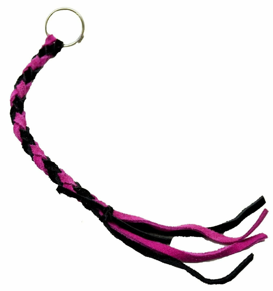 HTS Horn Pull Braided Leather Key Chain 10" Long 1" Ring Black Pink #5025BLPK
