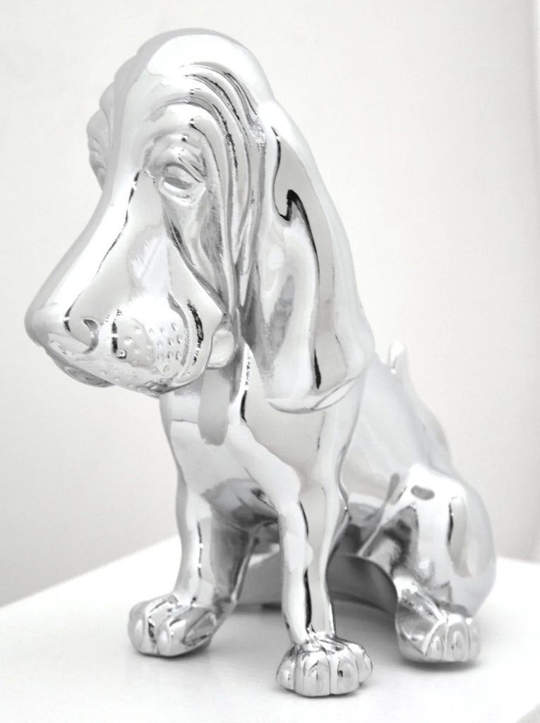 Hood Ornament Sitting Basset Hound Chrome 4 Stud Mount 7 1/8" (H)-HTS#5040