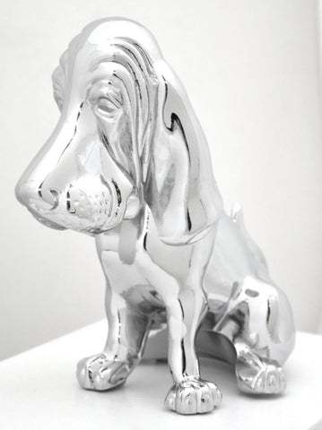 Hood Ornament Sitting Basset Hound Chrome 4 Stud Mount 7 1/8" (H)-HTS#5040