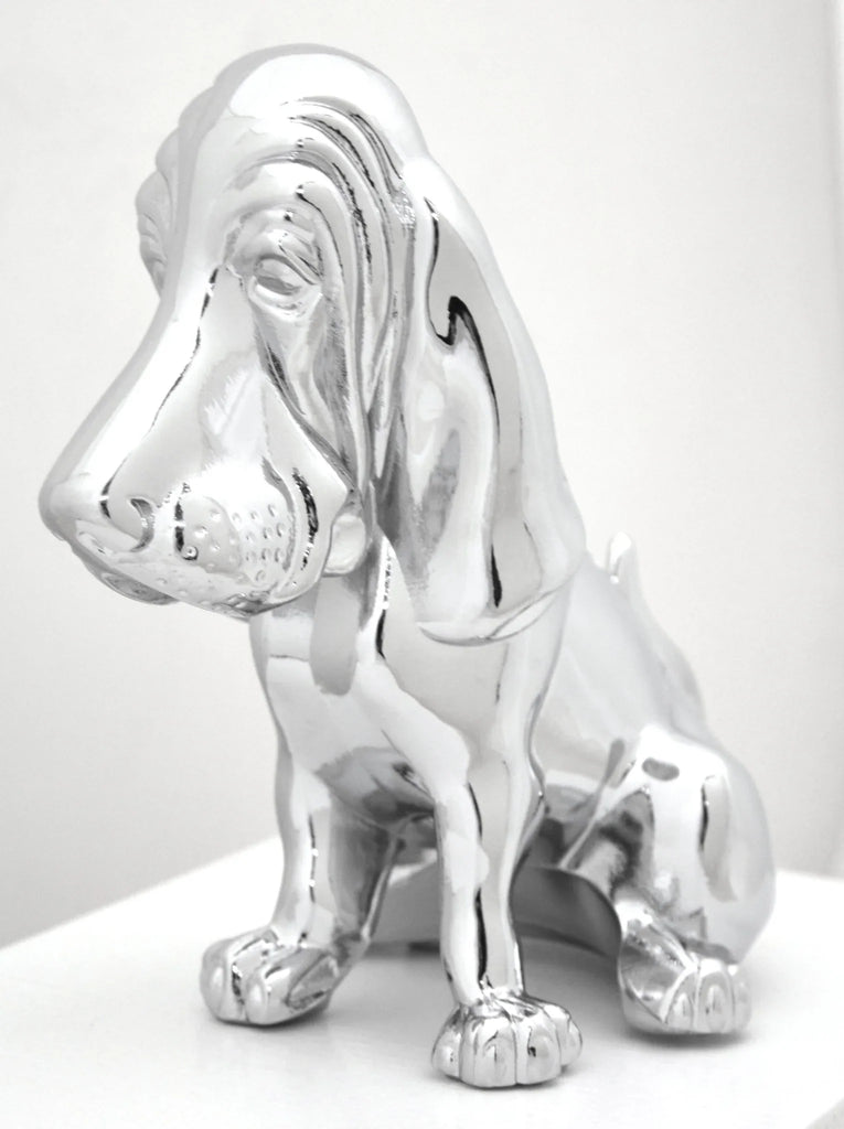 Hood Ornament Sitting Basset Hound Chrome 4 Stud Mount 7 1/8" (H)-HTS#5040