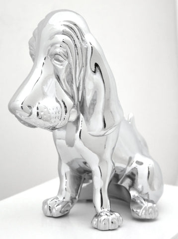 Hood Ornament Sitting Basset Hound Chrome 4 Stud Mount 7 1/8" (H)-HTS#5040