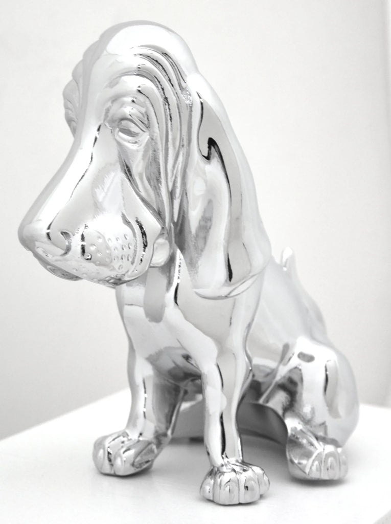Hood Ornament Sitting Basset Hound Chrome 4 Stud Mount 7 1/8" (H)-HTS#5040
