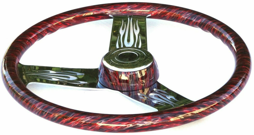 SCI 3 Spoke Steering Wheel 18" Flames Black Silver Red 3 Hole Mount 572-3072