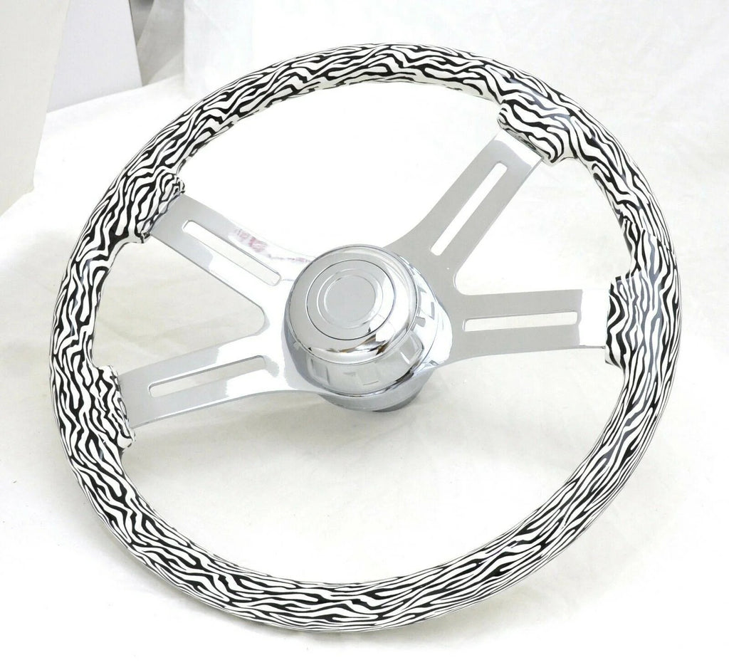 Steering Wheel 4 Spoke for Freightliner 1989-2006 White Black Zebra Print w/Hub