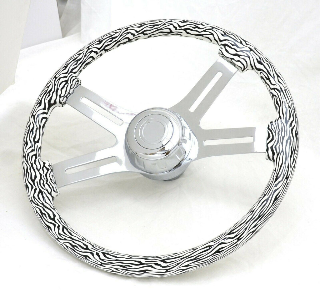 Steering Wheel 4 Spoke for Freightliner 1989-2006 White Black Zebra Print w/Hub
