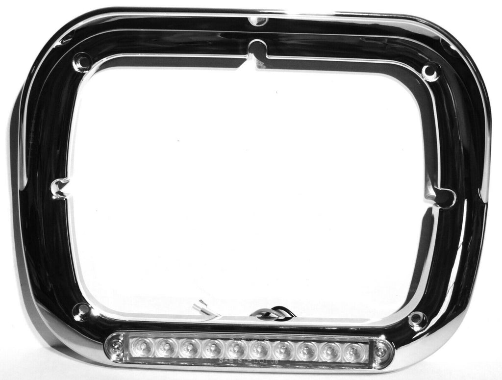 headlight bezel 6x8 clear lens amber LED chrome plastic visor for Peterbilt each