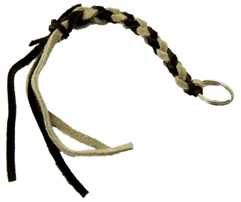 HTS Horn Pull Braided Leather Key Chain 10" Long 1" Ring Brown Beige #5025BB