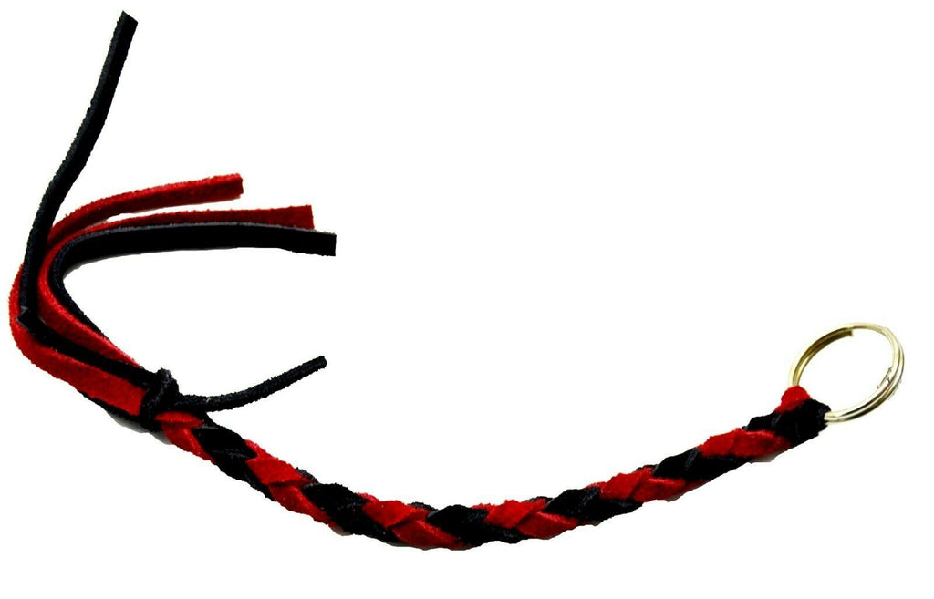 Horn Pull Braided Leather Key Chain 10" Long With 1" Ring Black Red HTS#5025BLR