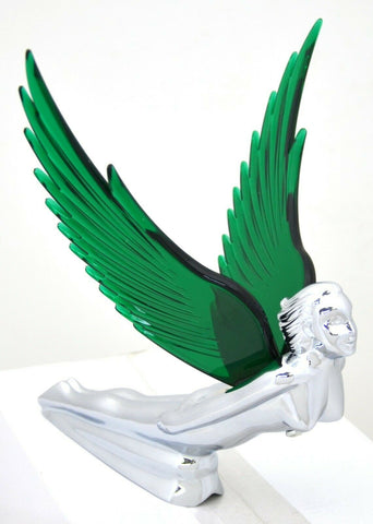 Lighted Hood Ornament Flying Goddess Windrider Green Wings Chrome GG#48108
