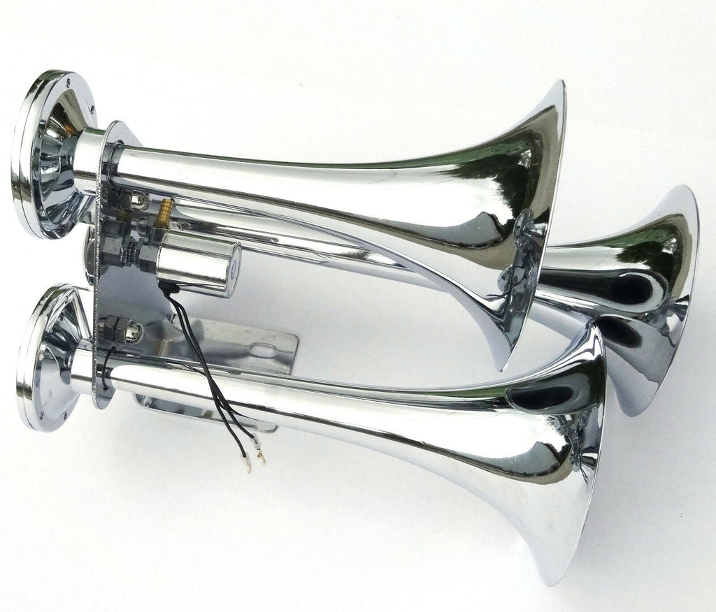 Train Horn 3 Bell Trumpet 145 Decibel +-10dB Chrome 3/8 Air Line 150PSI UP#46129
