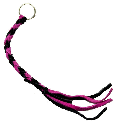 HTS Horn Pull Braided Leather Key Chain 10" Long 1" Ring Black Pink #5025BLPK