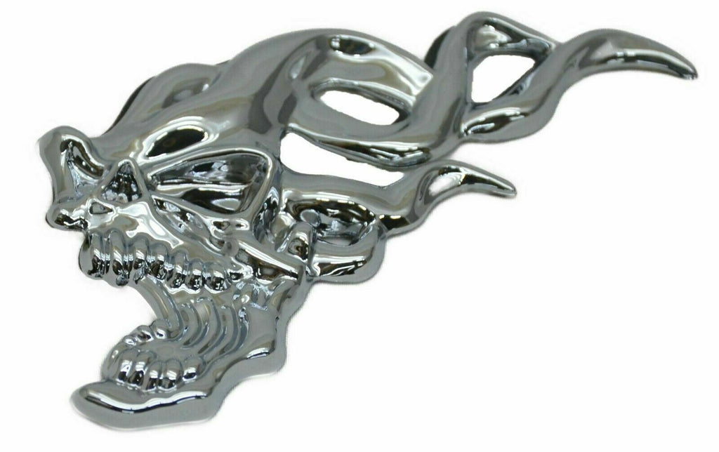 Cutout Flaming Skull Accent Face Left Chrome Plastic 7 1/4" Tape Mount UP#50102