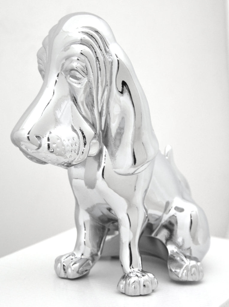 Sitting Basset Hound Hood Ornament Chrome Plated 4 Stud Mount 7 1/8" Tall, 8" L